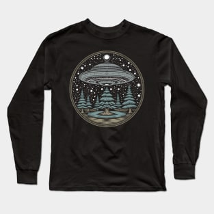 Vintage alien saucer over the forest Long Sleeve T-Shirt